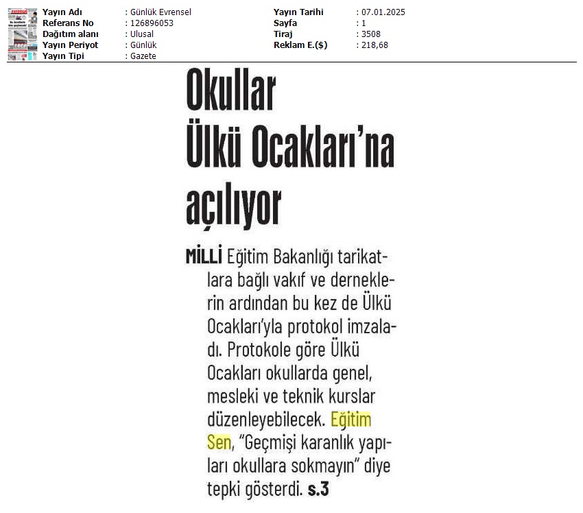 Okullar Şimdi de Ülkü Ocakları'na Açılıyor / Evrensel