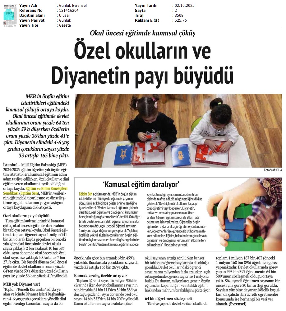 Özel Okulların ve Diyanetin Payı Büyüdü / Evrensel