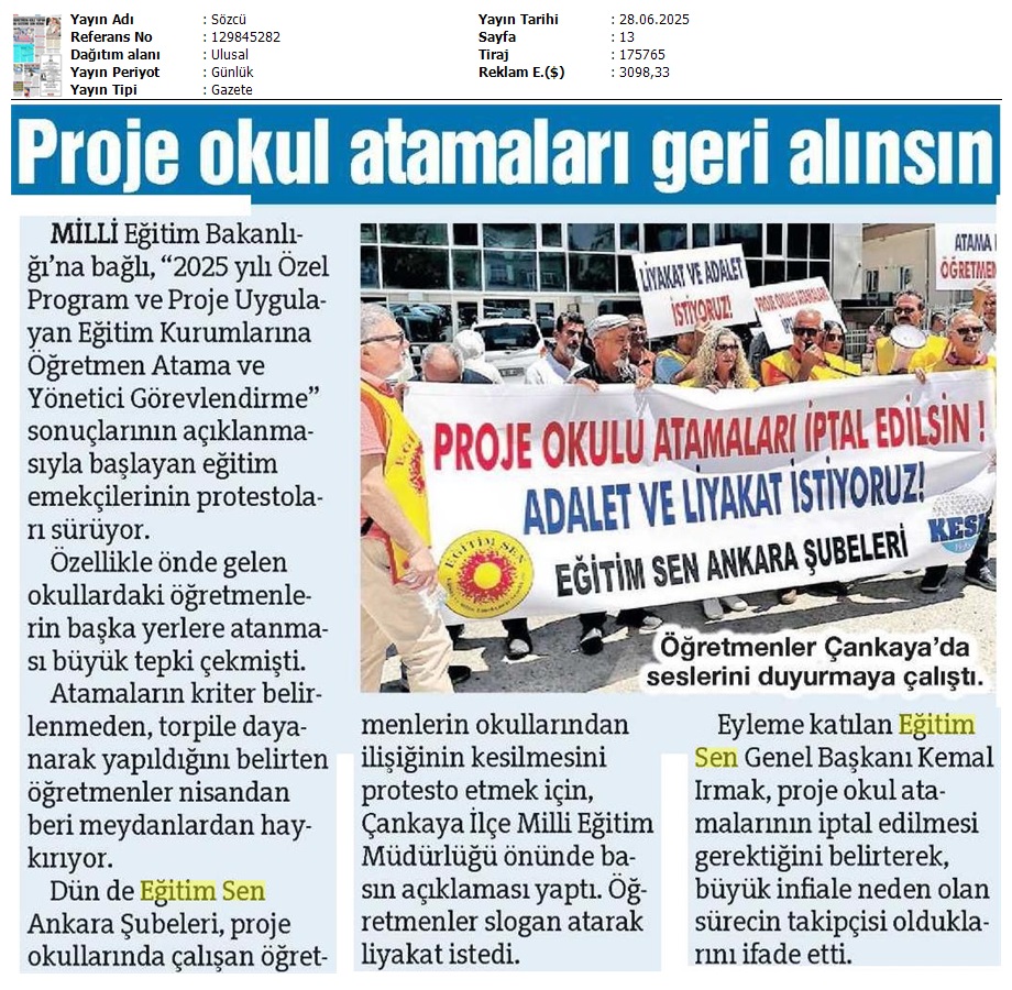 Proje Okul Atamaları Geri Alınsın / Sözcü