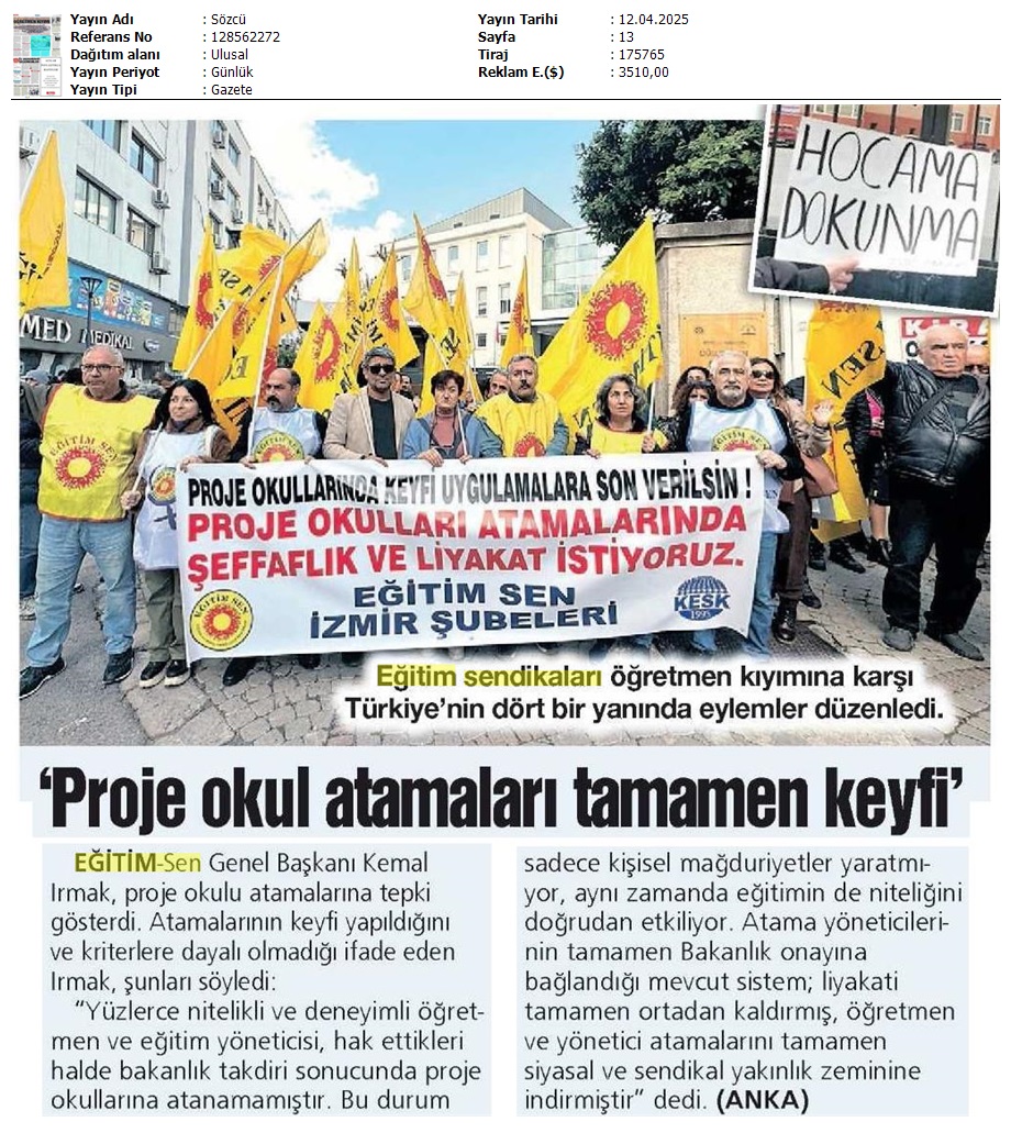 "Proje Okul Atamaları Tamamen Keyfi" / Sözcü