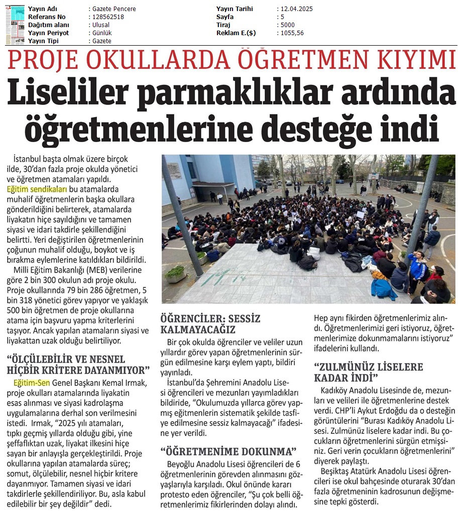 Proje Okullarda Öğretmen Kıyımı / Gazete Pencere