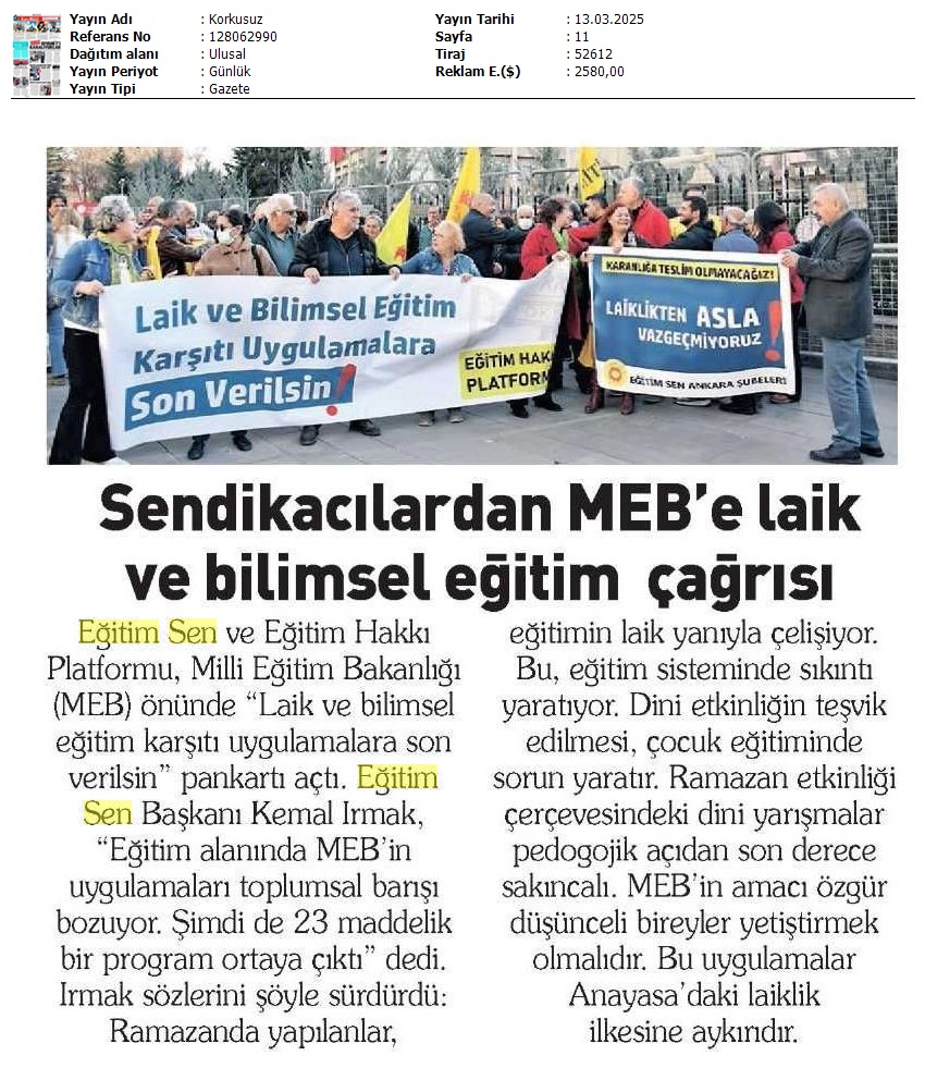 Sendikacılardan MEB'e Laik ve Bilimsel Eğitim Çağrısı / Korkusuz