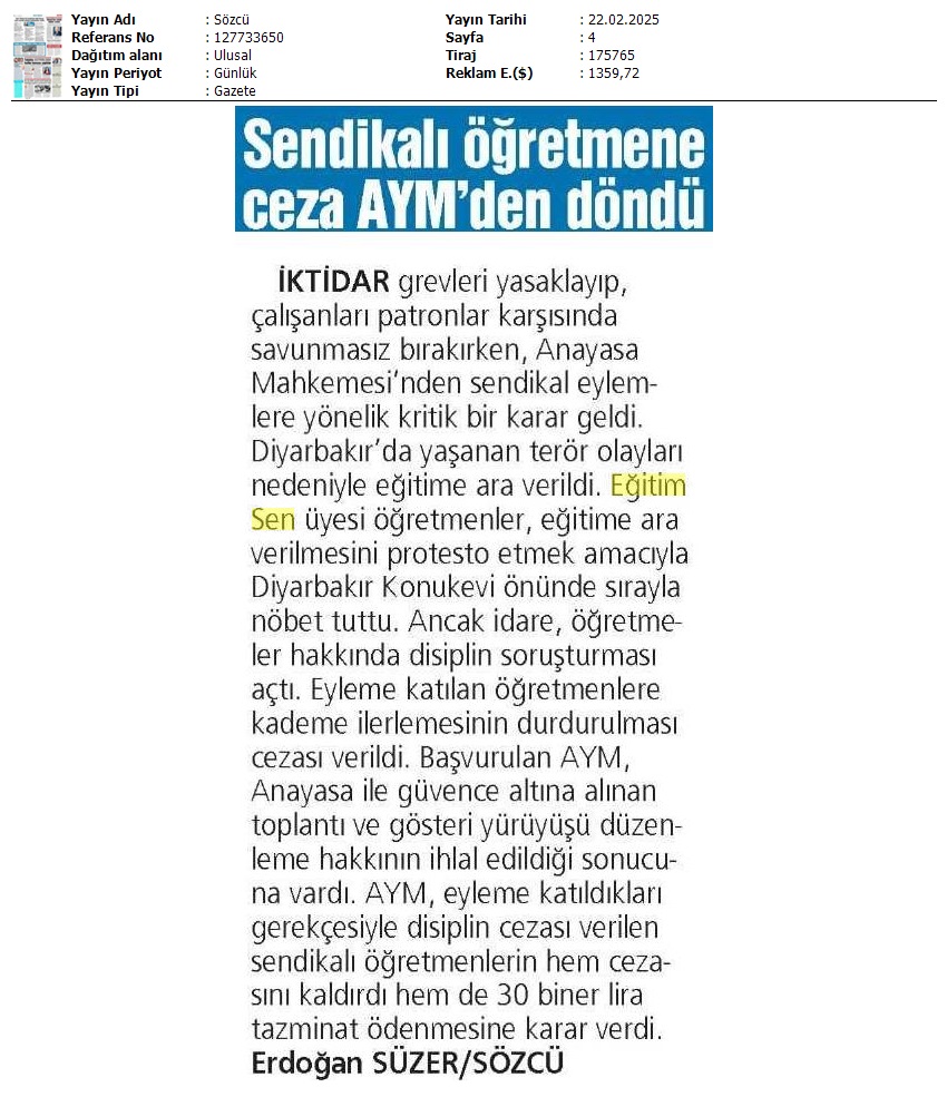 Sendikalı Öğretmene Ceza AYM'den Döndü / Sözcü
