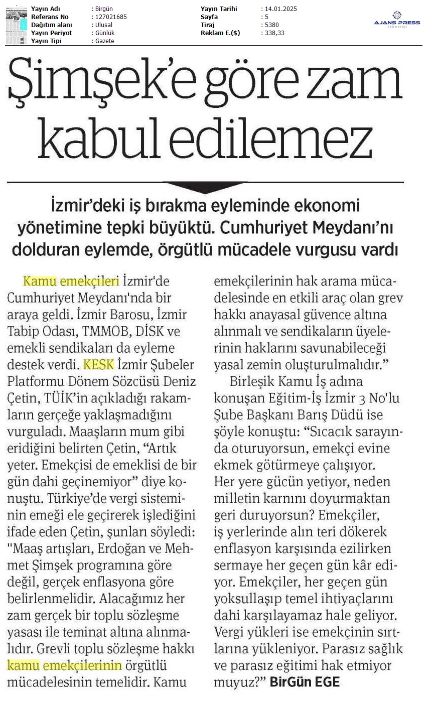 Şimşek'e Göre Zam Kabul Edilemez / Birgün