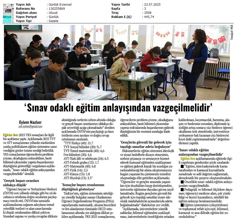 'Sınav Odaklı Eğitim Anlayışından Vazgeçilmelidir' / Evrensel