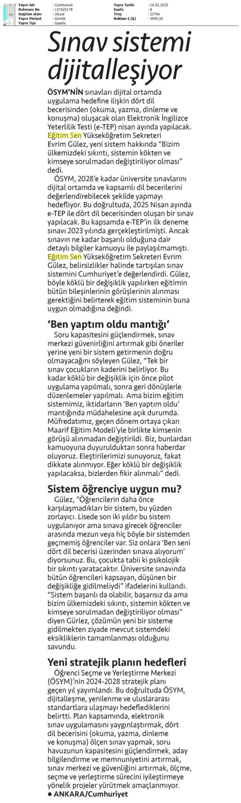 Sınav Sistemi Dijitalleşiyor / Cumhuriyet