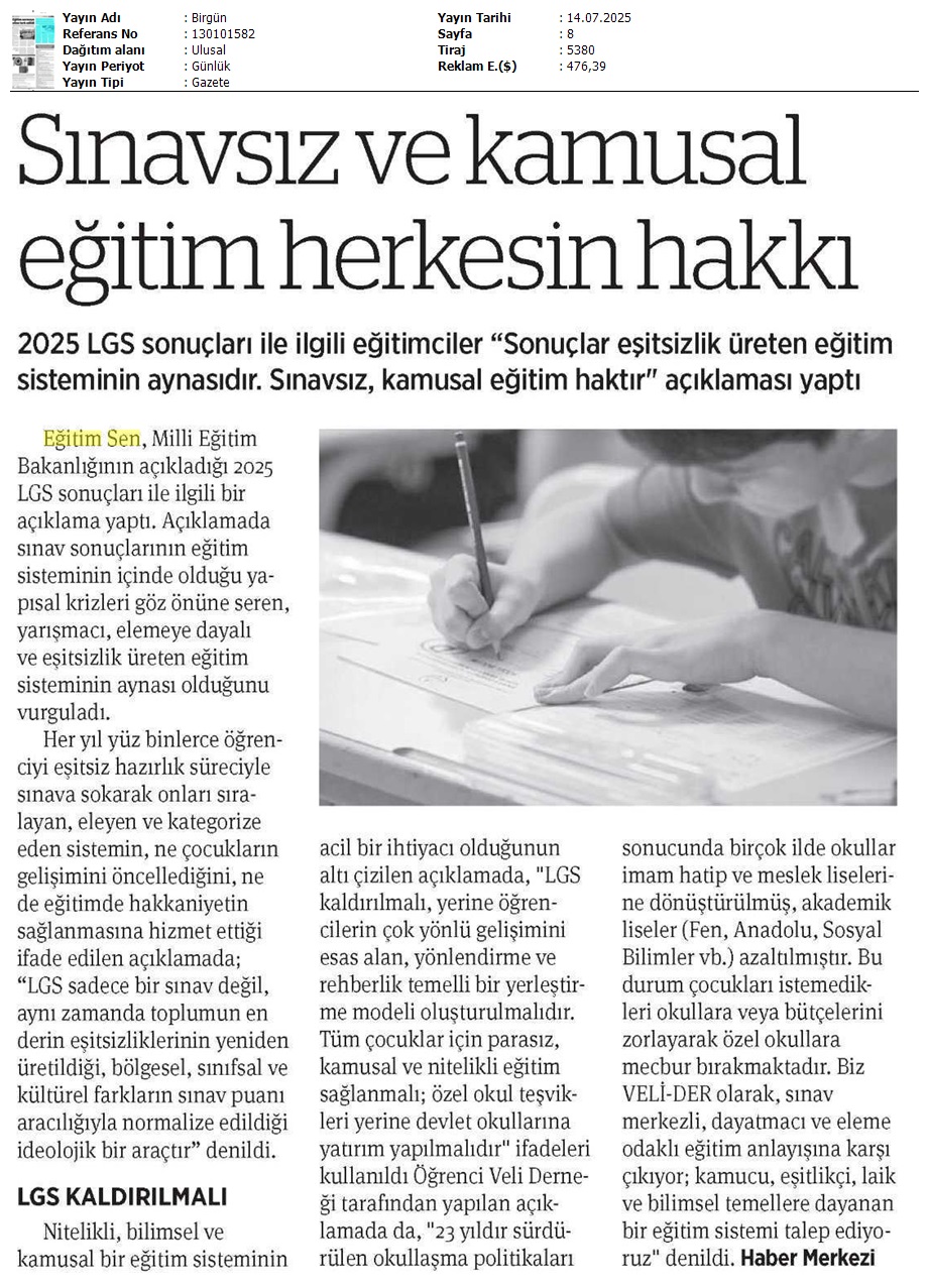 Sınavsız ve Kamusal Eğitim Herkesin Hakkı / Birgün