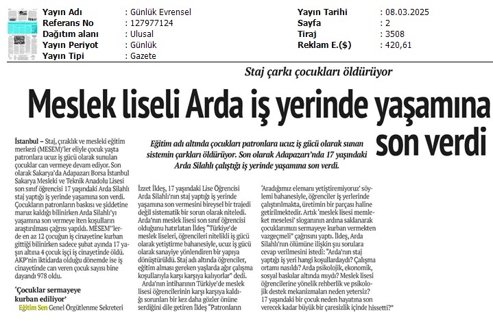 Staj Çarkı Çocukları Öldürüyor / Evrensel