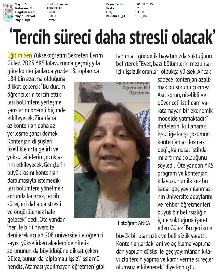 "Tercih Süreci Daha Stresli Olacak" / Evrensel