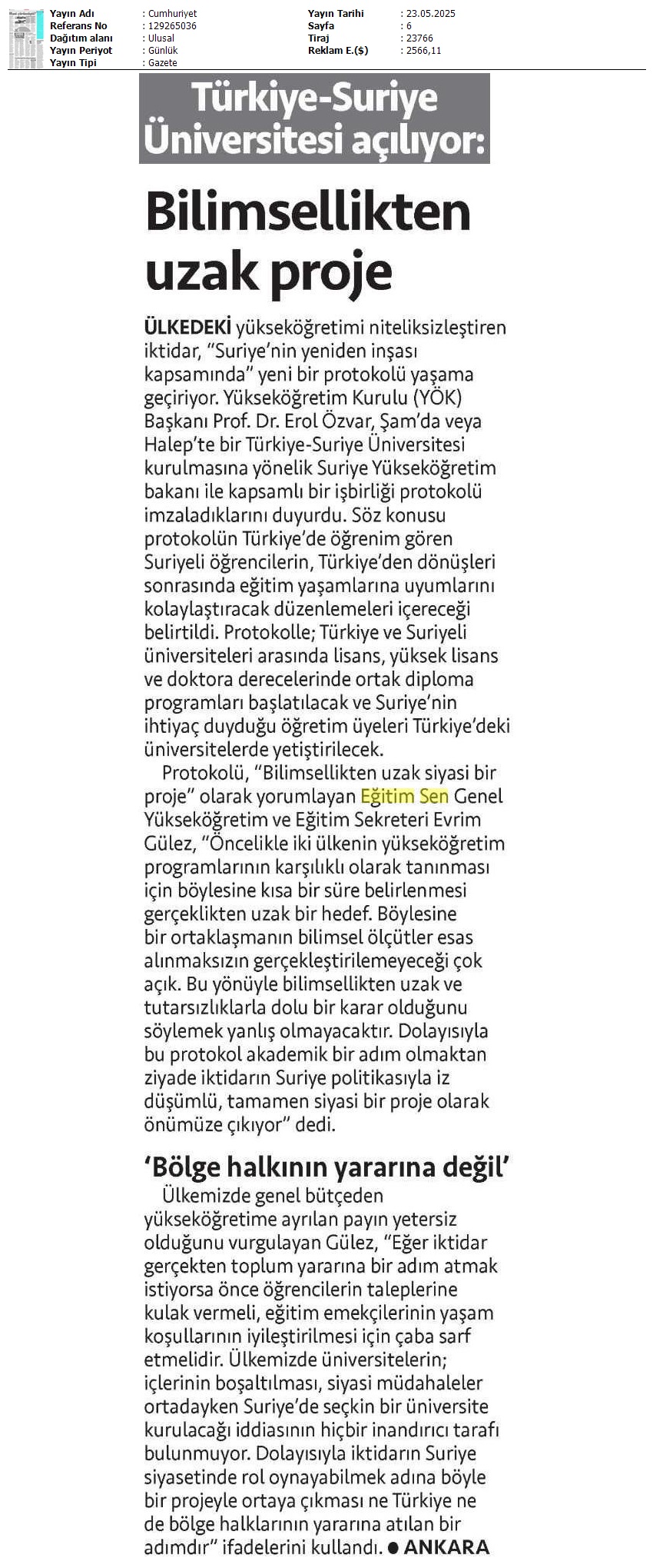 Türkiye-Suriye Üniversitesi Açılıyor: Bilimsellikten Uzak Proje / Cumhuriyet