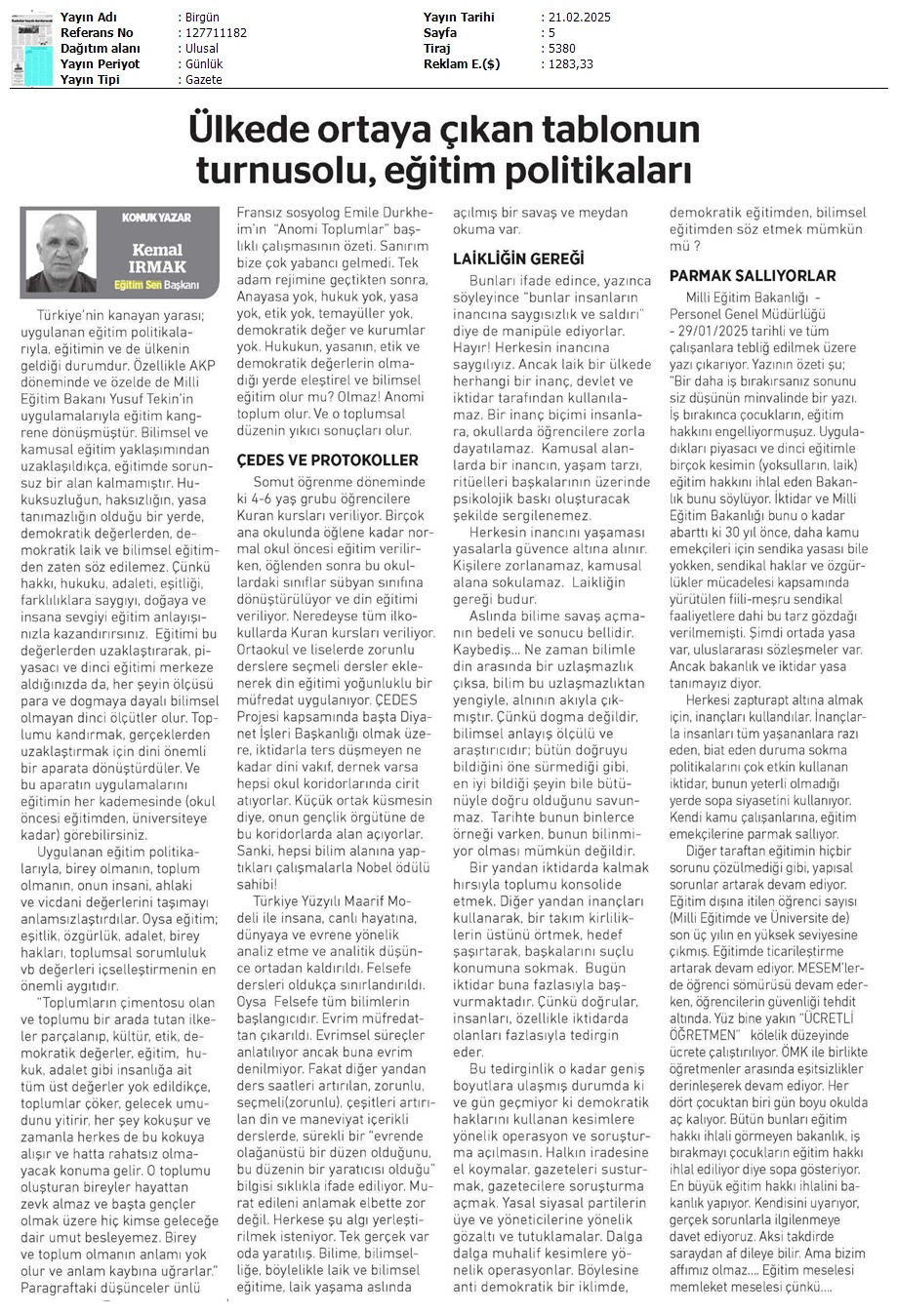Ülkede Ortaya Çıkan Tablonun Turnusolu, Eğitim Politikaları / Birgün