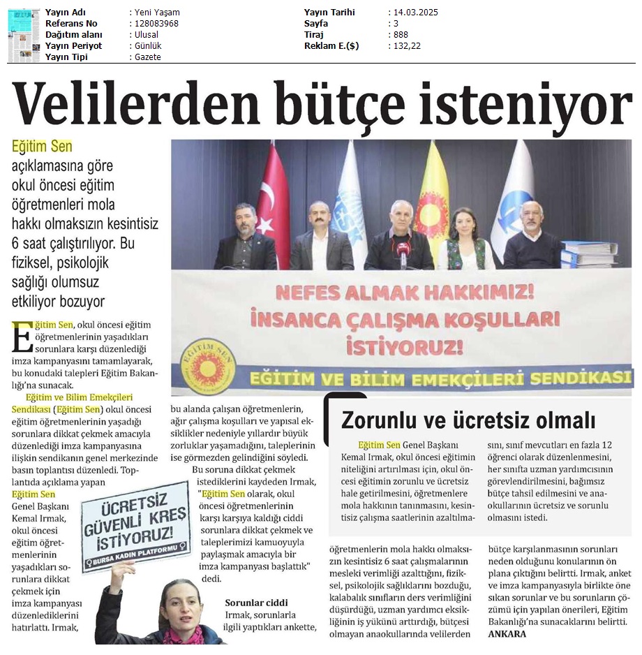 Velilerden Bütçe İsteniyor / Yeni Yaşam