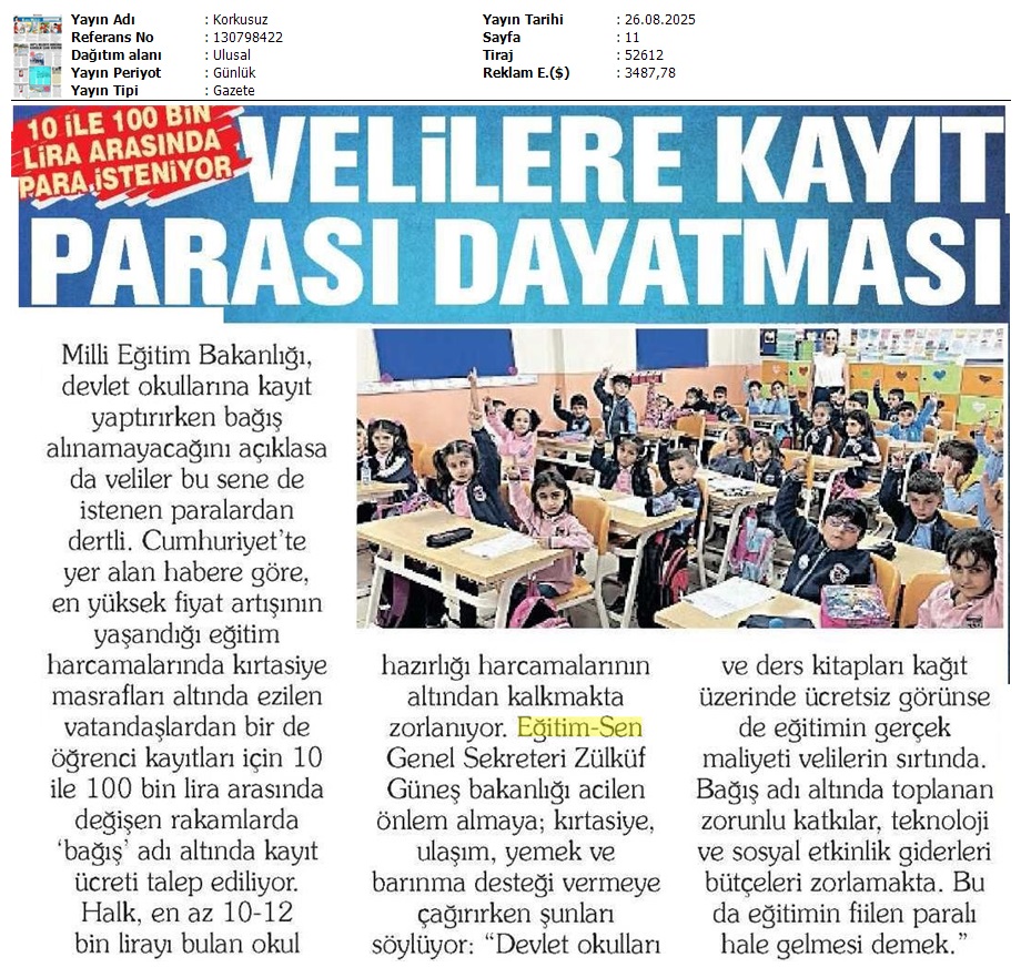 Velilere Kayıt Parası Dayatması / Korkusuz