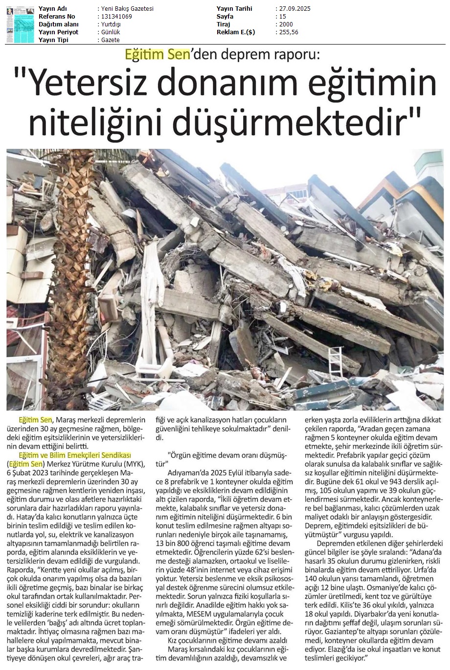 "Yetersiz Donanım Eğitimin Niteliğini Düşürmektedir" / Yeni Bakış Gazetesi