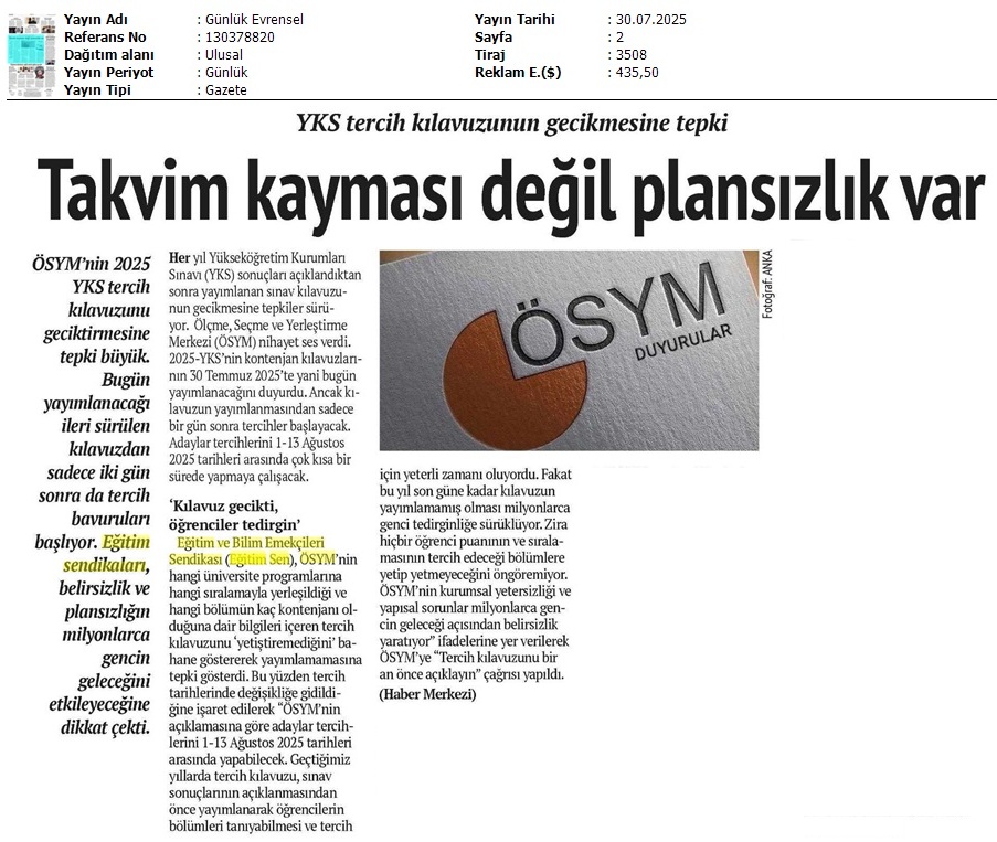 YKS Tercih Kılavuzunun Gecikmesine Tepki / Evrensel