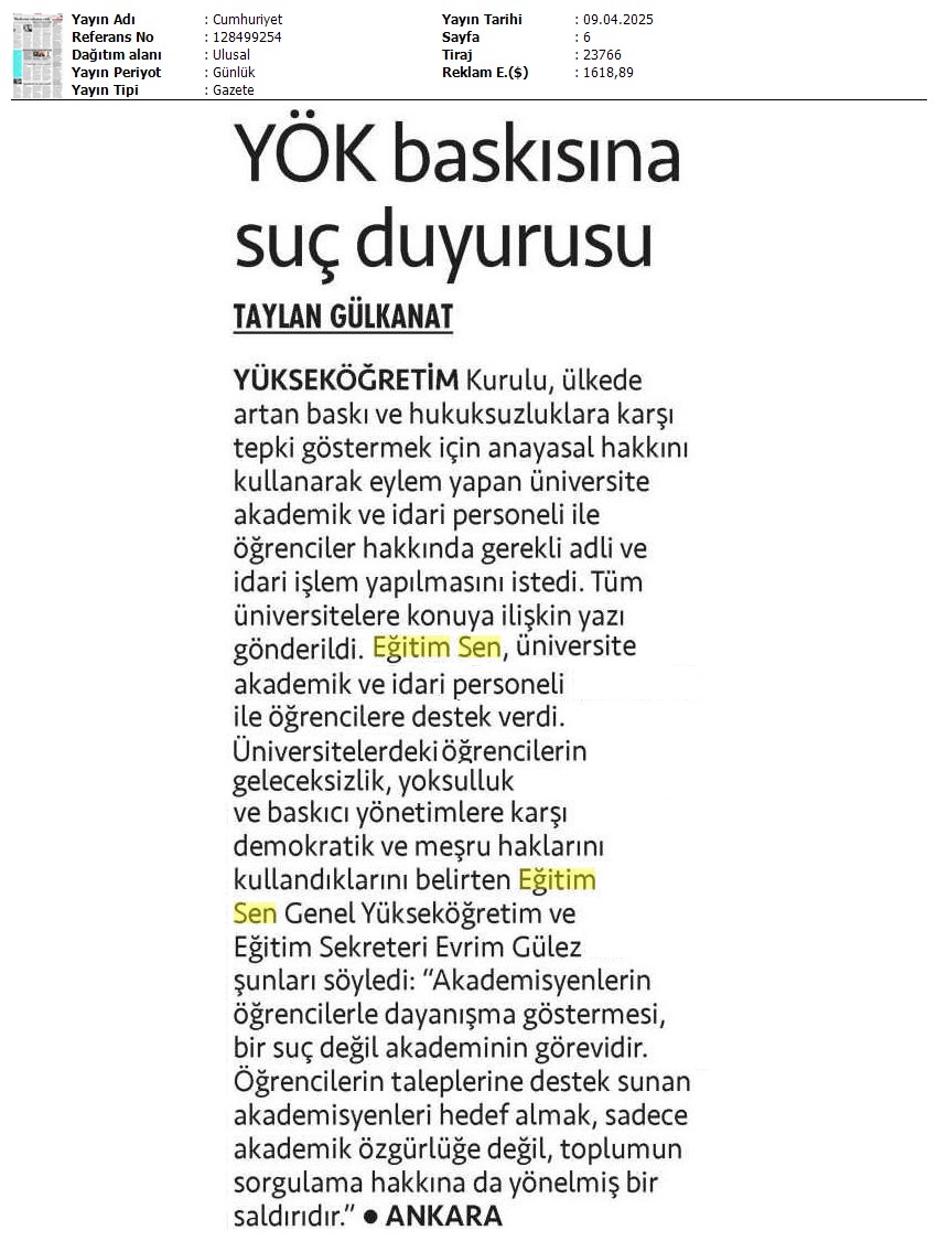 YÖK Baskısına Suç Duyurusu / Cumhuriyet